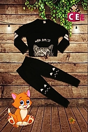 KIZ ÇOCUK KEDİLİ İNCE MEVSİMLİ KISA CROP TAKIM